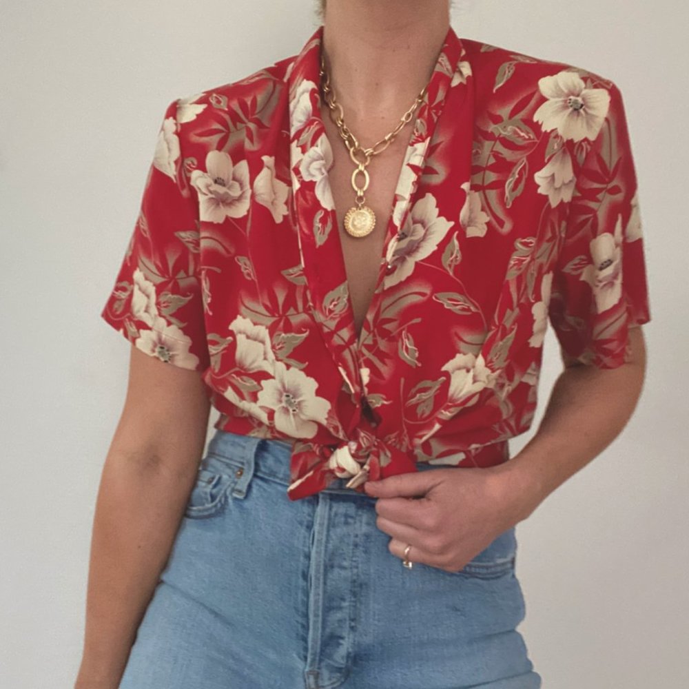 Vintage Red Floral Short Sleeve Blouse - Picture 4 of 7